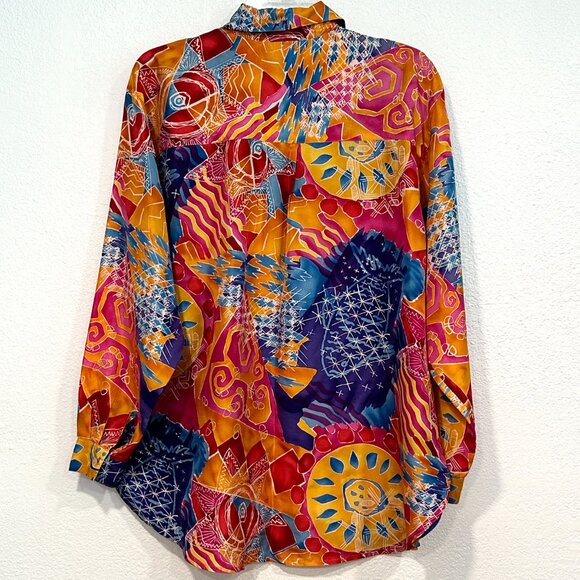 Silk Club Blouse VTG MultiColor 100% Silk Button Front Long Slvs Pocket Size 3XL - Picture 2 of 10